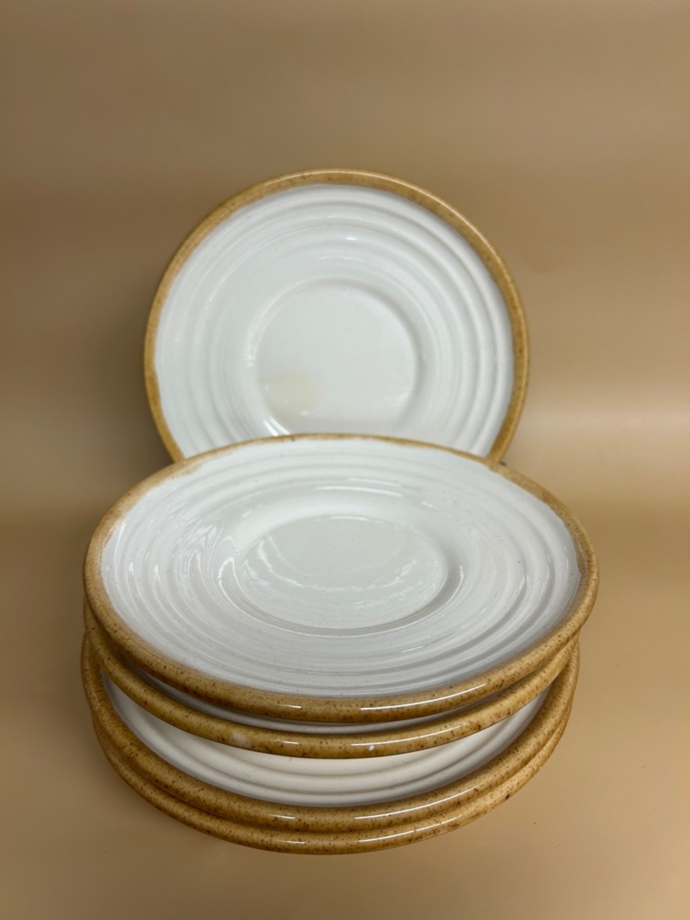 White and Tan Ceramic salad Plates - Set of 5
